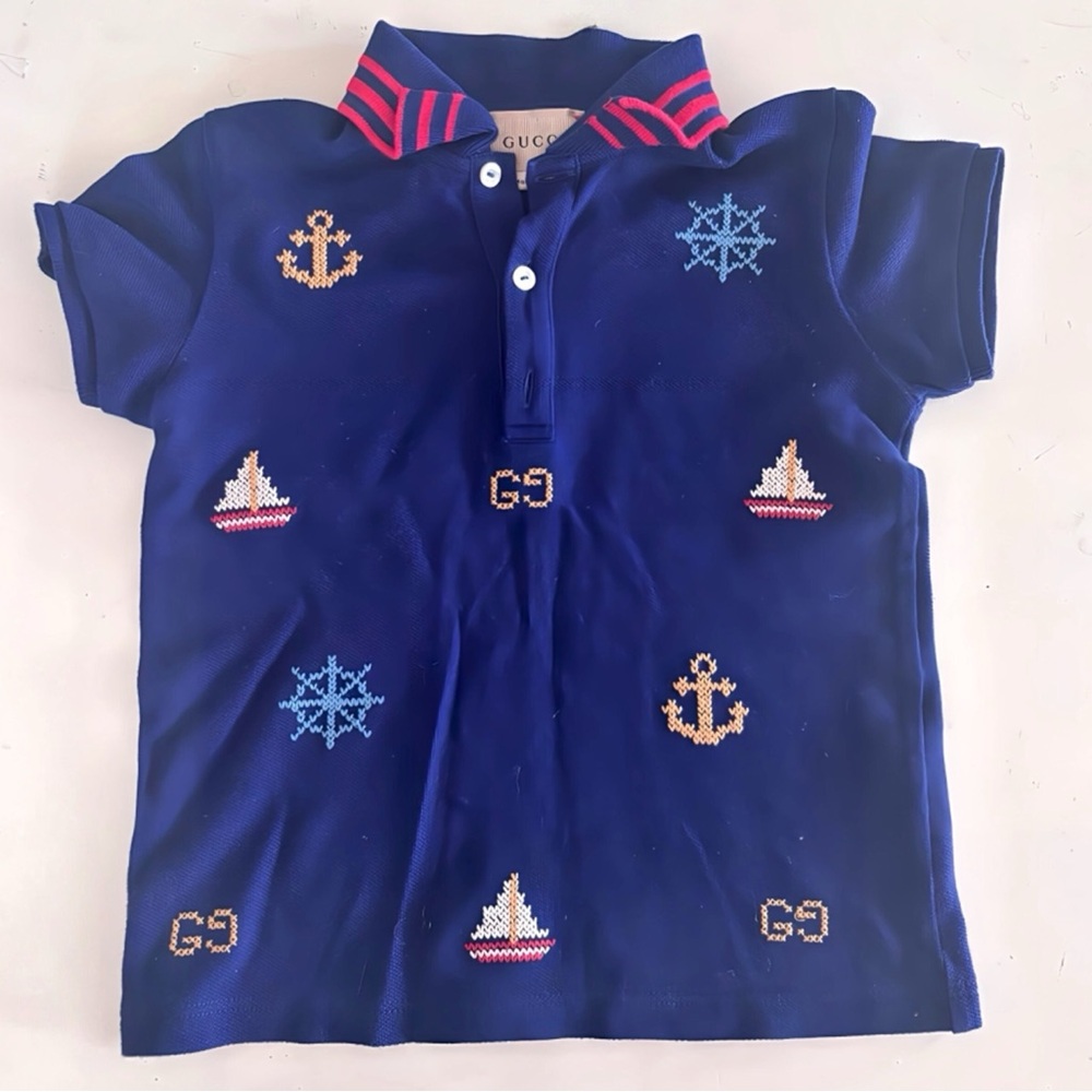 Authentic Gucci Baby Embroidered Polo Shirt Navy Blue 18/24 months